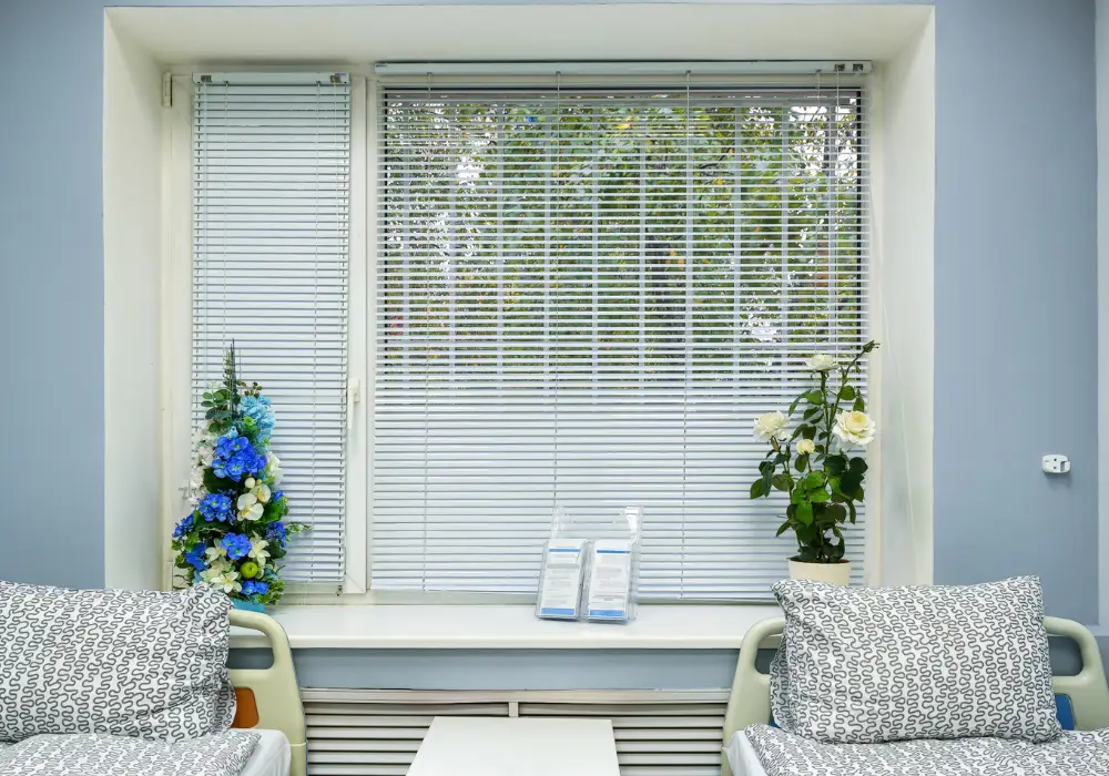Acoustic double glazed window with integrated motorized blinds