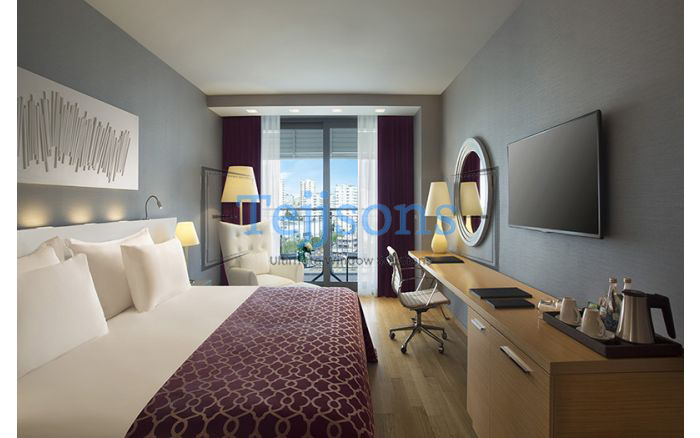 Hotel room glass doors with integrated blinds