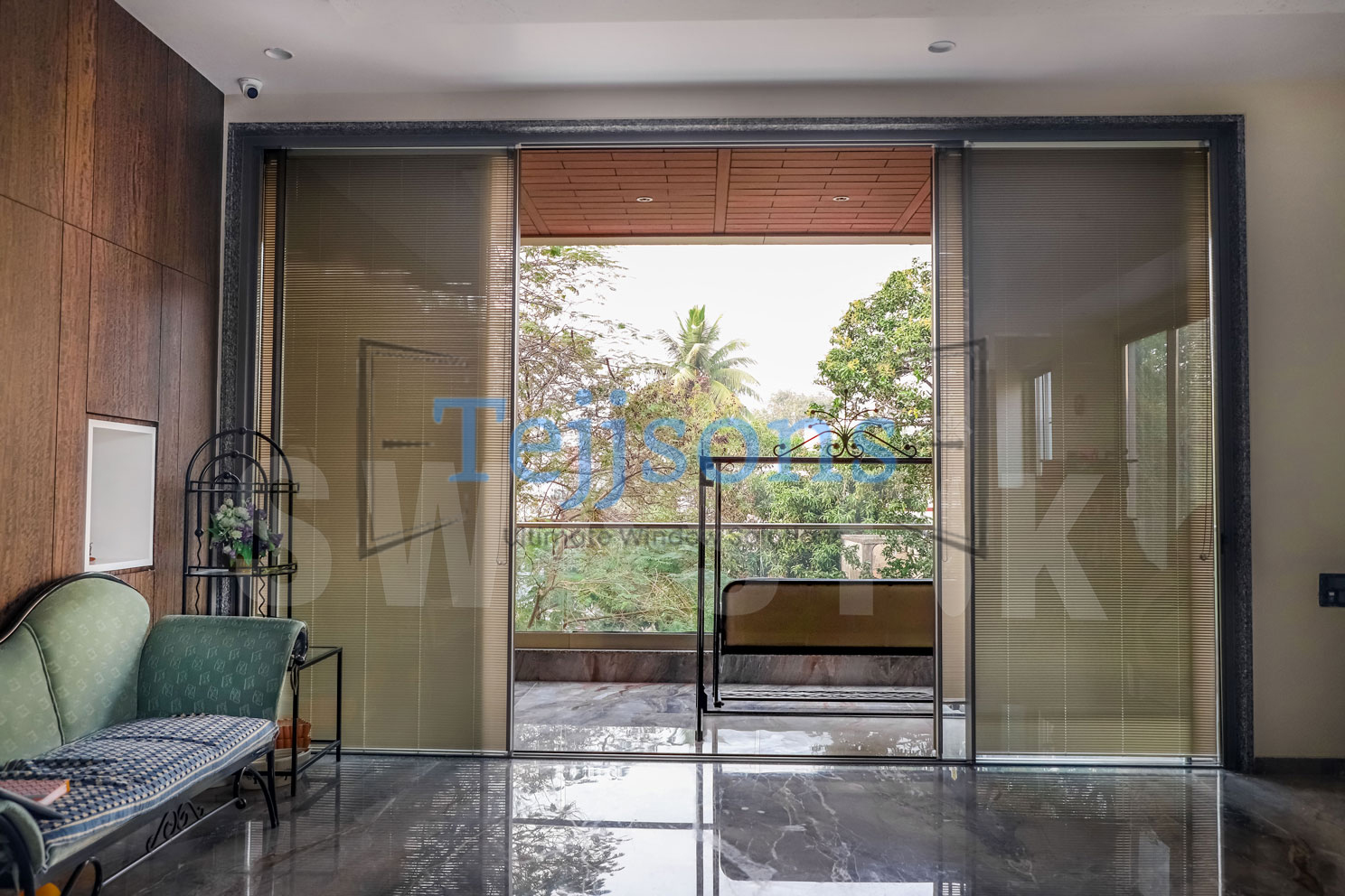 Glass balcony sliding doors with integral blinds