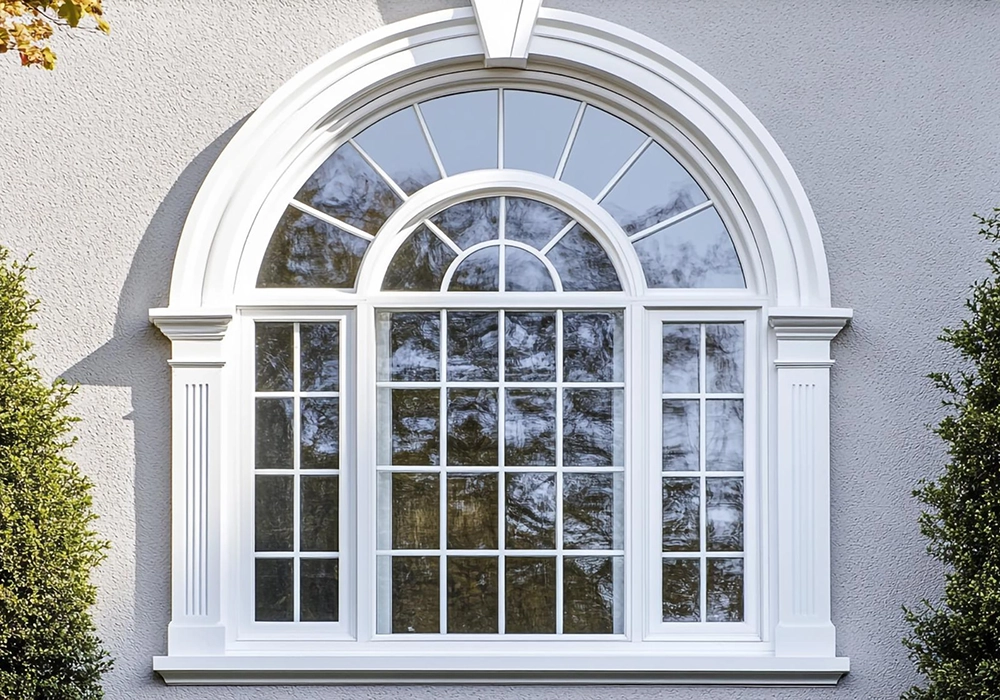 Large arched aluminium window with decorative white trim and precision curved frame