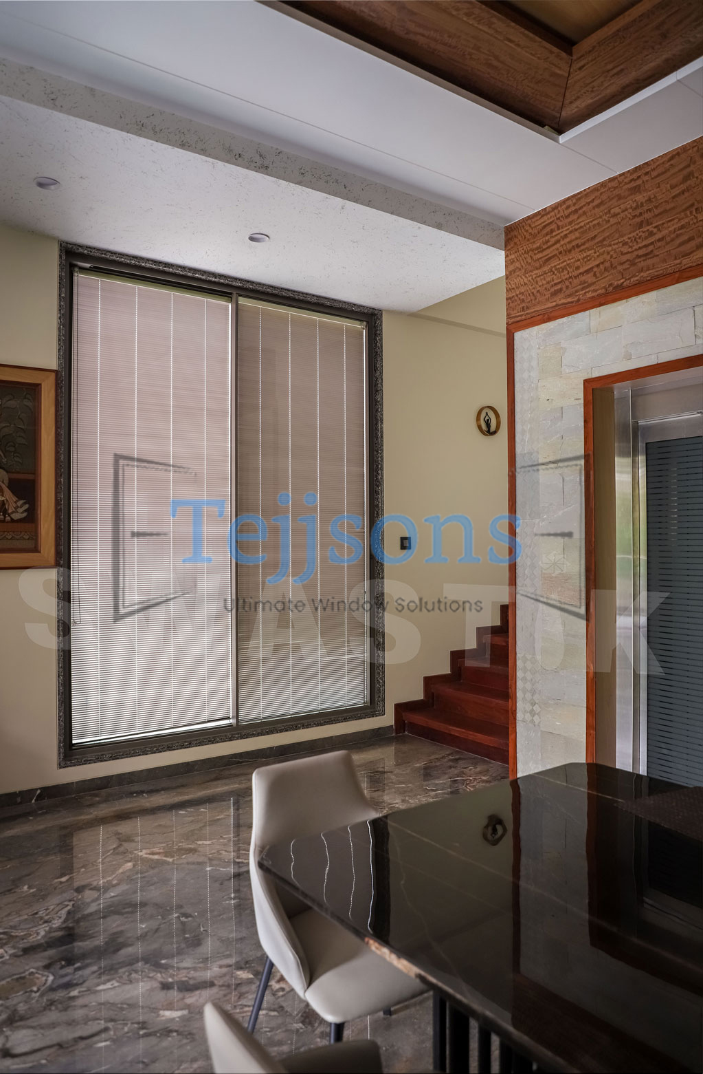 Modern interior full height window with integral blinds