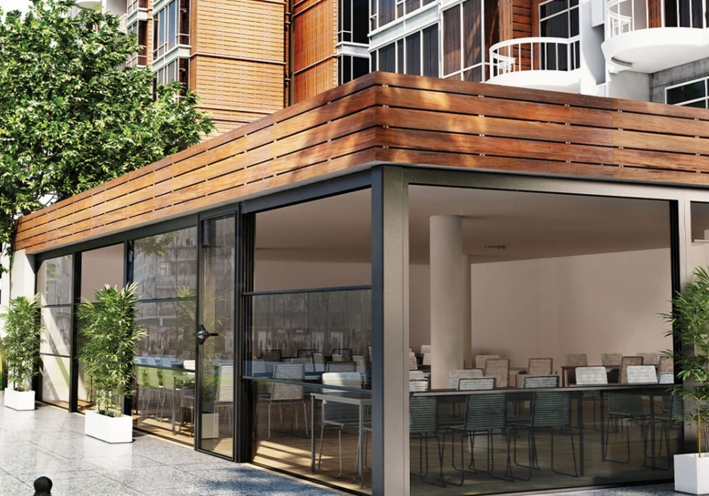Guillotine vertical sliding glass enclosure on a luxury terrace