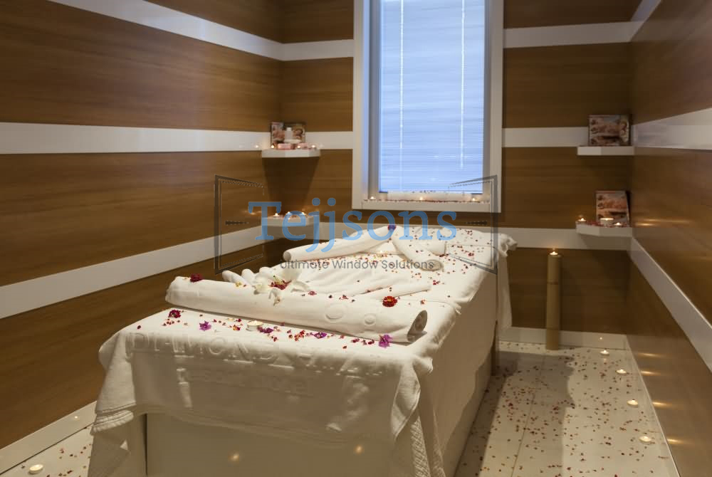 Spa and wellness room featuring integrated glass blinds