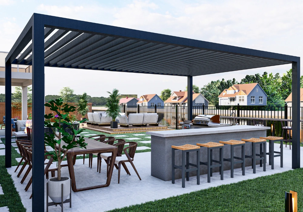 Motorised Louvered Pergolas engineered by Tejjsons over an outdoor luxury terrace