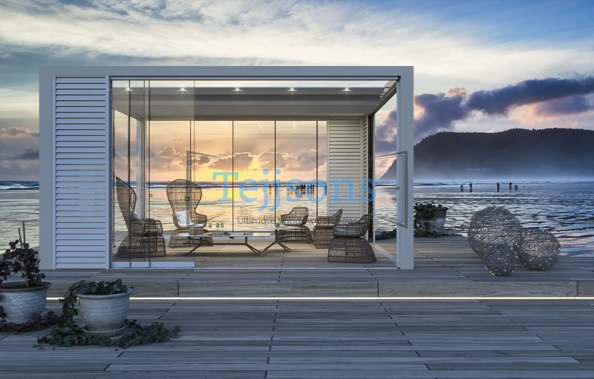 Coastal resort suite featuring motorised aluminium sliding doors and zip screens